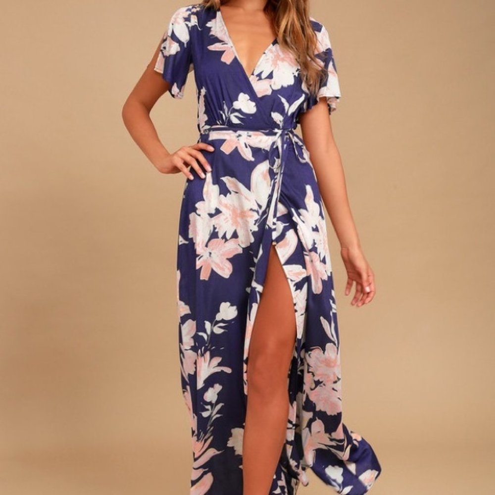 Lulu's Navy Blue Maxi Wrap Dress with Blush Floral Print